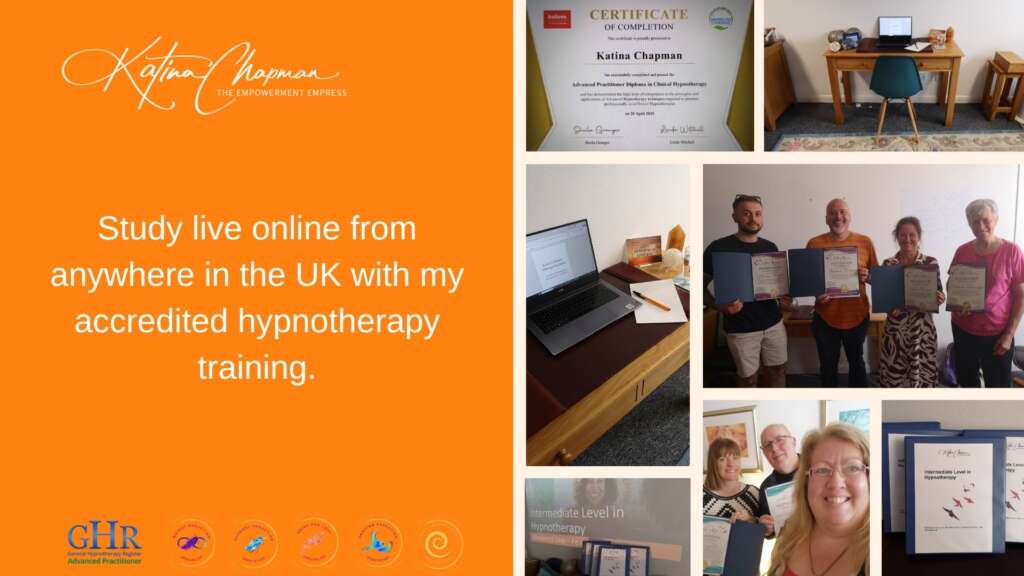 A collage of photos of various students, showing a laptop and training manual with the words "Study live online from anywhere in the UK with my accredited." hypnotherapy training.